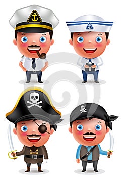 Ship captain, seafarer and pirates vector character set with uniform