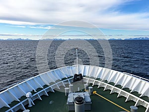 Ship closing in on Lofoten islands, Norway.