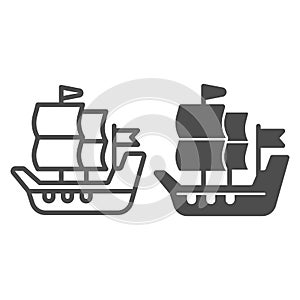 Ship of conquistadors line and solid icon, Thanksgiving Day concept, Sailing Ship sign on white background, Galleons