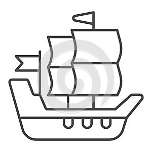 Ship of conquistadors thin line icon, Thanksgiving Day concept, Sailing Ship sign on white background, Galleons sailing