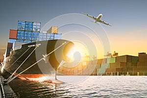 Ship and container box and cargo plane flying over shipping dock