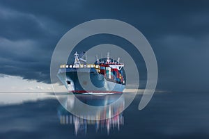 Ship with container import export on storm sky.