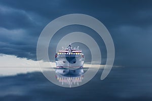 Ship with container import export on storm sky.