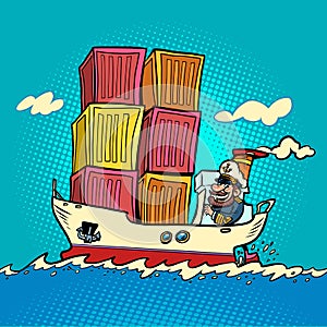 ship container shipping, captain sailor comic character. Cargo transport
