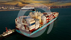 Ship container transporting large cargo logistic import export goods internationally worldwide and shipping port background