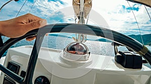 Ship control panel with steering wheel on the captain bridge