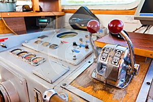 The ship control panel in wheelhouse of the old ship