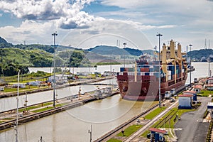 Ship crossing Panama Canal at Miraflores Locks - Panama City, Panama