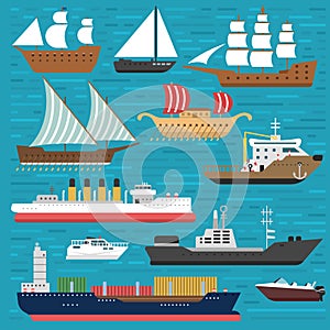 Ship cruiser boat sea symbol vessel travel industry vector sailboats cruise set of marine icon