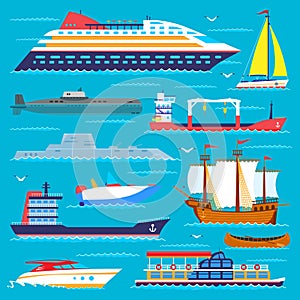Ship cruiser boat sea transport symbol vessel travel vector sailboats cruise set of marine