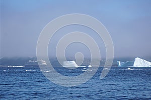 Ship cruises among icebergs on foggy morning