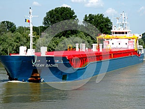 Ship on the Danube Delta channel.