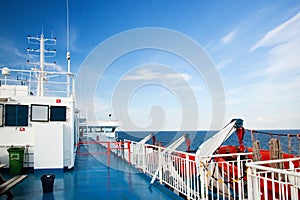 Ship deck view, ocean in a sunny day