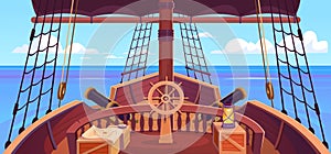 Ship deck view with a steering wheel, canons and a mast. Pirate game background