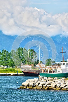 Ship dock at Paralia Katerini and Mount Olympus