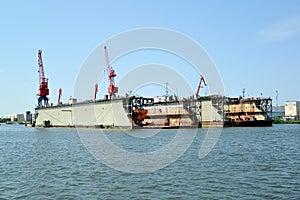 Ship dock in port of the city Svetlyj. Kaliningrad region