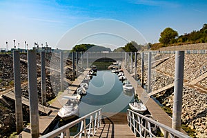 Ship docks at port, in Corabia city, Romania