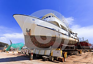 Ship in dry dock during the overhaul.