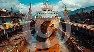 Ship in Dry Dock for Repair Against Mountain Backdrop. Concept Ship repair, Dry dock, Mountain