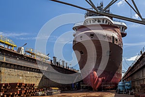 Ship in dry dock at the shipyard