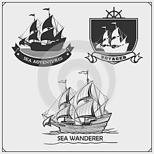 Ship emblem. Yacht club, sea adventures and marine cruise.