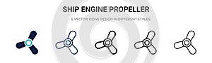 Ship engine propeller icon in filled, thin line, outline and stroke style. Vector illustration of two colored and black ship
