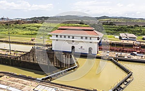 Ship entering the Panama Canal at Miraflores lock