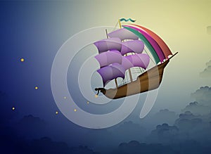 Ship in the evening sky in clouds, fairy boy putting stars on the night sky, fairy dreamland sailor on the heavens, photo