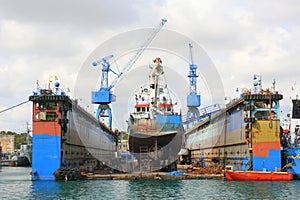 Ship in floating dock for repair