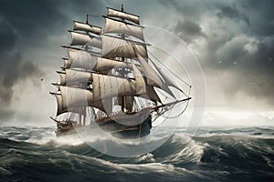 ship floating at sea during a storm. Big waves on the ocean, illustration of a painting