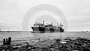 Ship on the foreland with rocks, gunboat island 05 may 2018