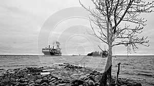 Ship on the foreland with rocks, gunboat island 05 may 2018