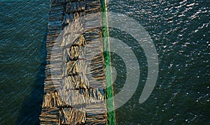Ship freighting timber passing under a bridge..