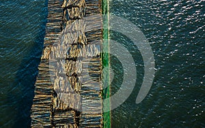 Ship freighting timber passing under a bridge..