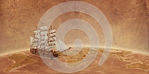 Ship on globe concept with old map paper in the background