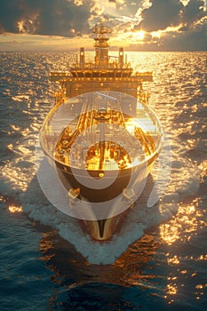 A ship with gold containers carries cargo by sea. Container ship