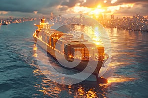 A ship with gold containers carries cargo by sea. Container ship