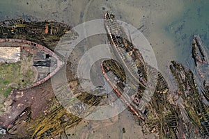 Ship graveyard in Teriberka, Kola Peninsula, Russia. Aerial view