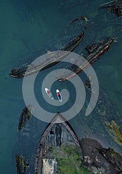 Ship graveyard. Teriberka, Kola Peninsula, Russia. Aerial view photo