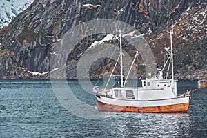 Ship in Hamnoy fishing village on Lofoten Islands, Norway