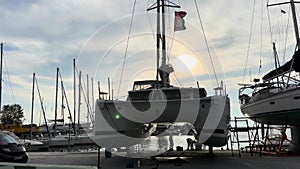 Ship in the harbor getting repaired, 4 k video winter gloomy day