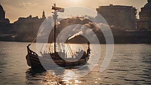 ship in the harbor Steam punk A wooden row boat equipped with a cannon