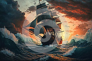 ship in heavy sea waves sailing in a storm against background of sunset