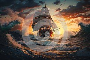 ship in heavy sea waves sailing in a storm against background of sunset