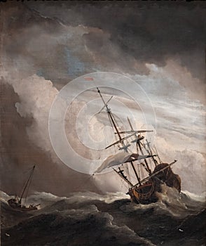 A Ship on the High Seas caught by a Squall, known as The Gust, painting by Willem van de Velde the Younger