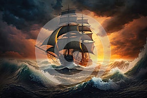 ship on high waves sailing in a storm against backdrop of setting sun