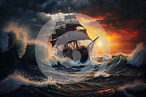 ship on high waves sailing in a storm against backdrop of setting sun