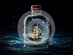 Ship inside of a bottle on the ocean