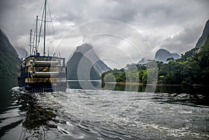 Ship leaving at Milford Sound