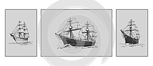 Ship . Line art. Logo design for use in graphics. T-shirt print, tattoo design.